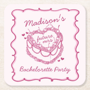 Porta-copo De Papel Quadrado Bolo de Noiva Charmoso Coração Retro Rosa Cereja