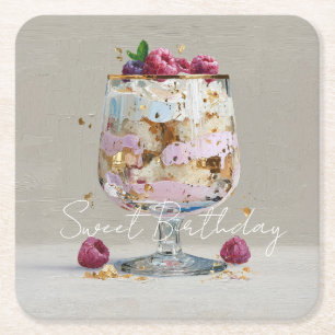 Porta-copo De Papel Quadrado Bolo Floral de Aniversário com Pintura a Óleo Rosa