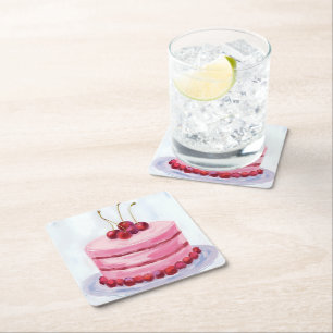 Porta-copo De Papel Quadrado Bolo Rosa Cereja Água-Marinha Celebração Festa