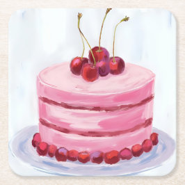 Porta-copo De Papel Quadrado Bolo Rosa Cereja Aquarela Celebração Festa