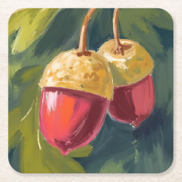 Porta-copo De Papel Quadrado Bolotas de Outono | Aquarela Outono Vermelho Verde