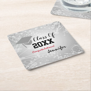Porta-copo De Papel Quadrado Boné de formatura, Classe Ano 20XX Prateado