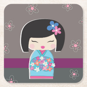 Porta-copo De Papel Quadrado Boneca Kokeshi