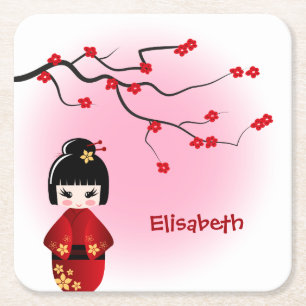 Porta-copo De Papel Quadrado Boneca kokeshi japonesa em sakura