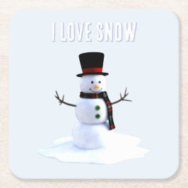 Porta-copo De Papel Quadrado Boneco de neve com chapéu e cachecol. Eu Amo Neve