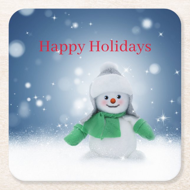 Porta-copo De Papel Quadrado Boneco de neve com um cachecol verde  (Frente)