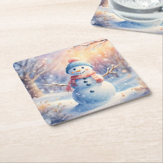 Porta-copo De Papel Quadrado Boneco de Neve em Aquarela em um Inverno Mágico