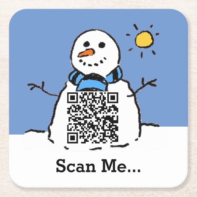 Porta-copo De Papel Quadrado Boneco de Neve no Sol com Código QR (Frente)