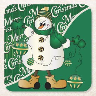 Porta-copo De Papel Quadrado Boneco de neve verde do Feliz Natal