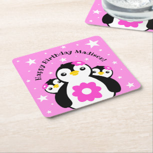 Porta-copo De Papel Quadrado Bonita Feliz Aniversário Rapariga Pinguins Flores
