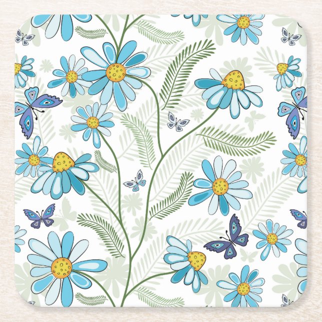 Porta-copo De Papel Quadrado Bonita Mão Desenhada Pasta Azul Padrão Floral (Frente)