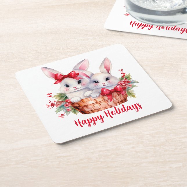 Porta-copo De Papel Quadrado Bonitas coelhinhas de Natal em uma cesta (Inclinado)