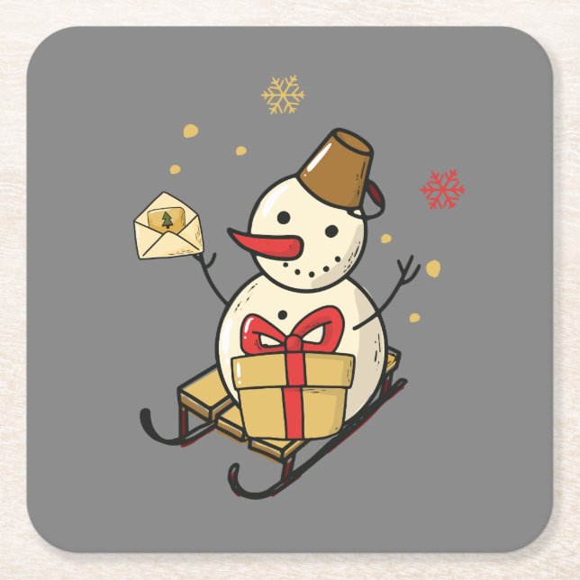 Porta-copo De Papel Quadrado Bonito Neve Em Um Sled (Frente)