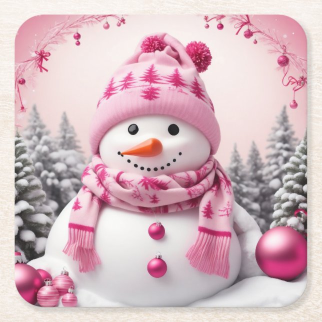 Porta-copo De Papel Quadrado Bonito Pink Xmas Snowman (Frente)