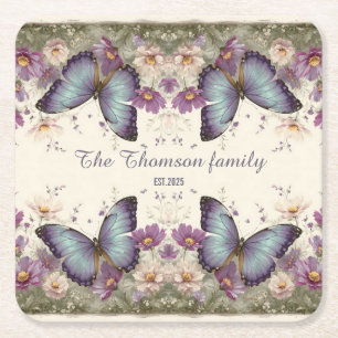 Porta-copo De Papel Quadrado Borboleta Azul Vintage e Floral para Família