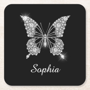 Porta-copo De Papel Quadrado Borboleta Diamante Branco, Nome em Roteiro de DIY,