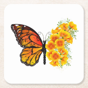 Porta-copo De Papel Quadrado Borboleta Flor com Papagaio Amarelo da Califórnia