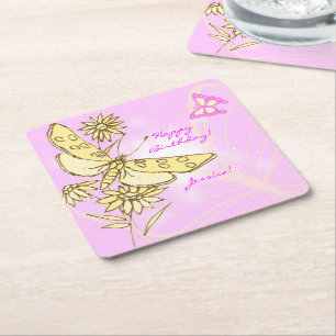 Porta-copo De Papel Quadrado Borboleta Rosa Pêssego