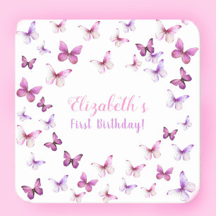 Porta-copo De Papel Quadrado Borboleta Rosa Primeira Menina de Aniversário