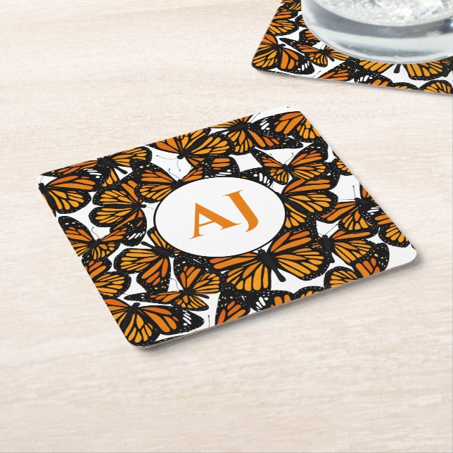 Porta-copo De Papel Quadrado Borboleta Tropical Monarch Laranja Monograma (Inclinado)