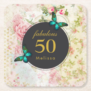 Porta-copo De Papel Quadrado Borboleta Verde Emerald na Colagem de Vintagem Chi