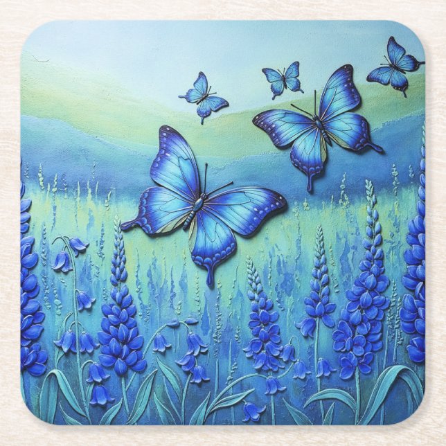 Porta-copo De Papel Quadrado Borboletas Azuis com Flores Azuis, (Frente)