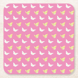 Porta-copo De Papel Quadrado Borboletas brancas e amarelas claras voando rosa