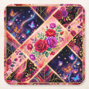Porta-copo De Papel Quadrado Borboletas, Sonhos Florais & Elegância Dourada