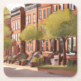 Porta-copo De Papel Quadrado Boston Brownstones | Beacon Street Watercolor