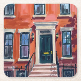 Porta-copo De Papel Quadrado Boston Brownstones Massachusetts Aquarela