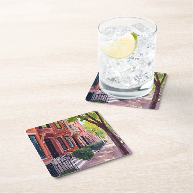 Porta-copo De Papel Quadrado Boston Summer | Massachusetts Brownstones (Insitu)