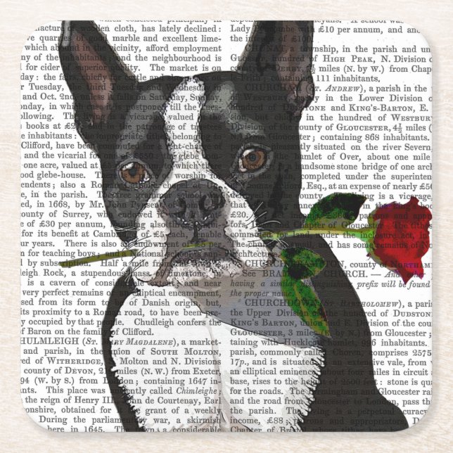 Porta-copo De Papel Quadrado Boston Terrier com Rosa em Boca (Frente)