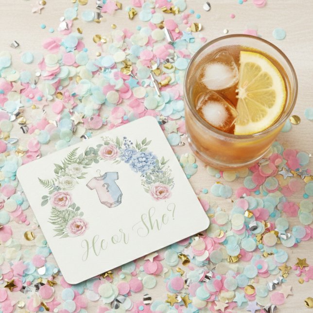 Porta-copo De Papel Quadrado Botanical Gender Reveal (Gender reveal party drink coaster)