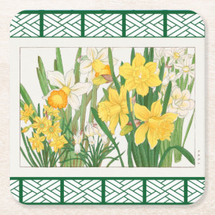 Porta-copo De Papel Quadrado Botânico Floral Verde e Amarelo