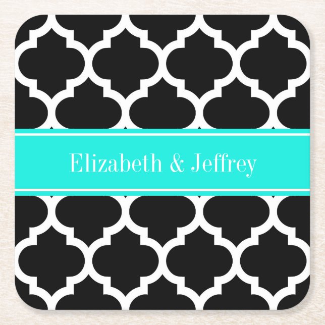 Porta-copo De Papel Quadrado Branco preto marroquino #5 Brt Nome Aqua Monograma (Frente)