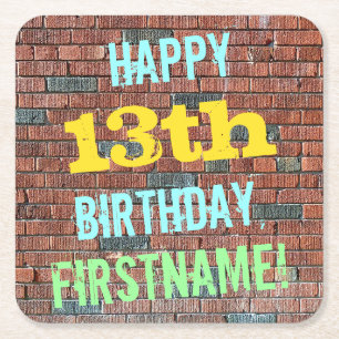 Porta-copo De Papel Quadrado Brick Wall Grafite inspirado 13 Aniversário + Nome