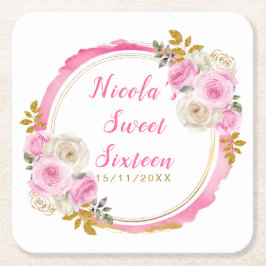 Porta-copo De Papel Quadrado Bright Pink and Gold Elegant Flowers Sweet Sixteen