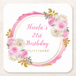 Porta-copo De Papel Quadrado Bright Pink Gold Elegant Flowers Birthday Party