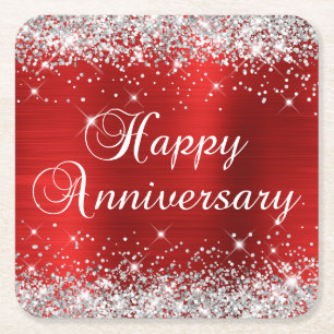 Porta-copo De Papel Quadrado Brilhante Glitter Prata Vermelho Foil Feliz Aniver