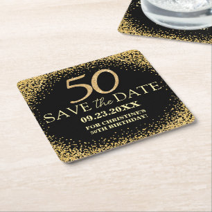 Porta-copo De Papel Quadrado Brilho Ouro Preto 50º Aniversário Salvar a Data