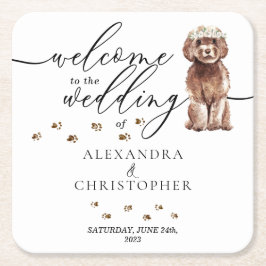Porta-copo De Papel Quadrado Brown Cavapoo Dog Puppy Bem-vindo ao casamento