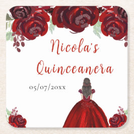 Porta-copo De Papel Quadrado Brunette Hair Princess Red Floral Quinceanera