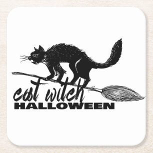 Porta-copo De Papel Quadrado Bruxa De Gato Engraçado Do Halloween Na Broomstick