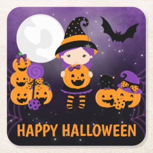 Porta-copo De Papel Quadrado Bruxa Menina Fofa e Abóboras Feliz Halloween