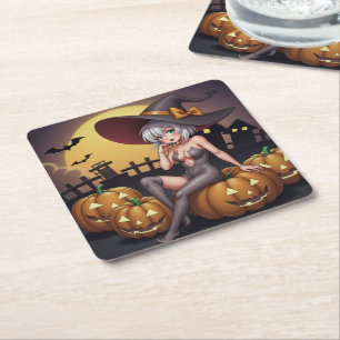 Porta-copo De Papel Quadrado Bruxa Quente no Pomar de Abóboras de Halloween