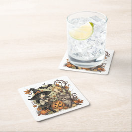 Porta-copo De Papel Quadrado Bruxinhas Kawaii com Gatinho e Abóboras