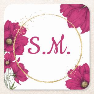 Porta-copo De Papel Quadrado Bule de Flores Rosa com Apoio de Círculo de Ouro