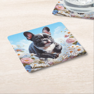 Porta-copo De Papel Quadrado Bulldog e Flores Franceses Pretos e Brancos