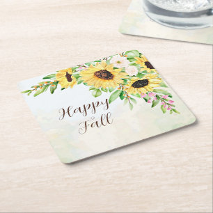 Porta-copo De Papel Quadrado Buquê de girassóis com texto personalizável