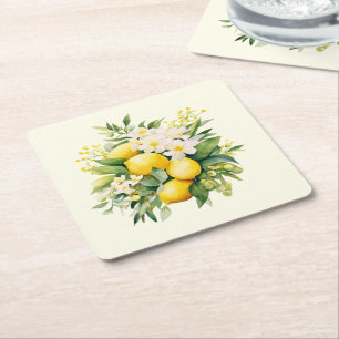 Porta-copo De Papel Quadrado Buquê de Limão com Flores Brancas